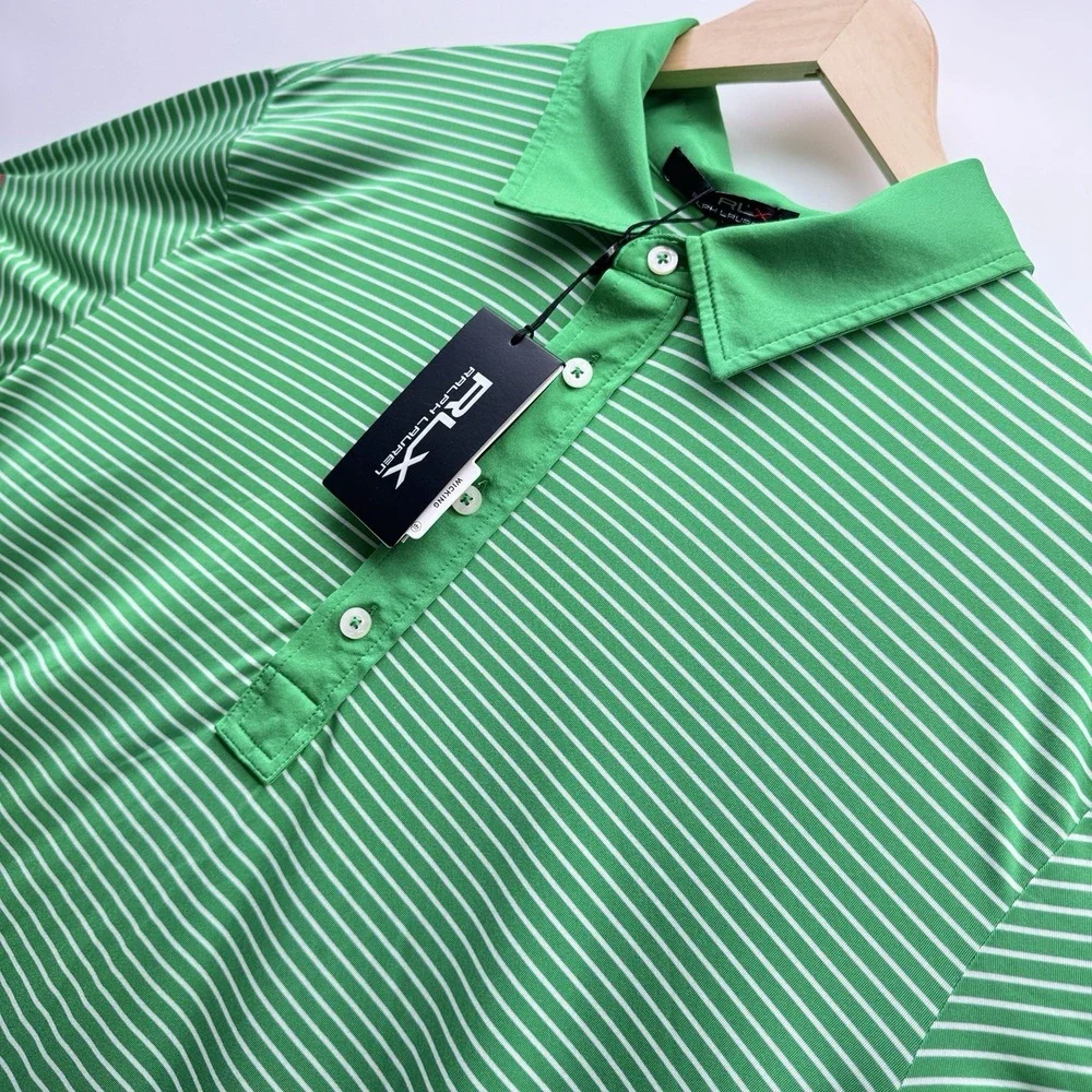 RLX Ralph Lauren Golf Polo Shirt Mens XXL Green White Striped Wicking Pink Logo